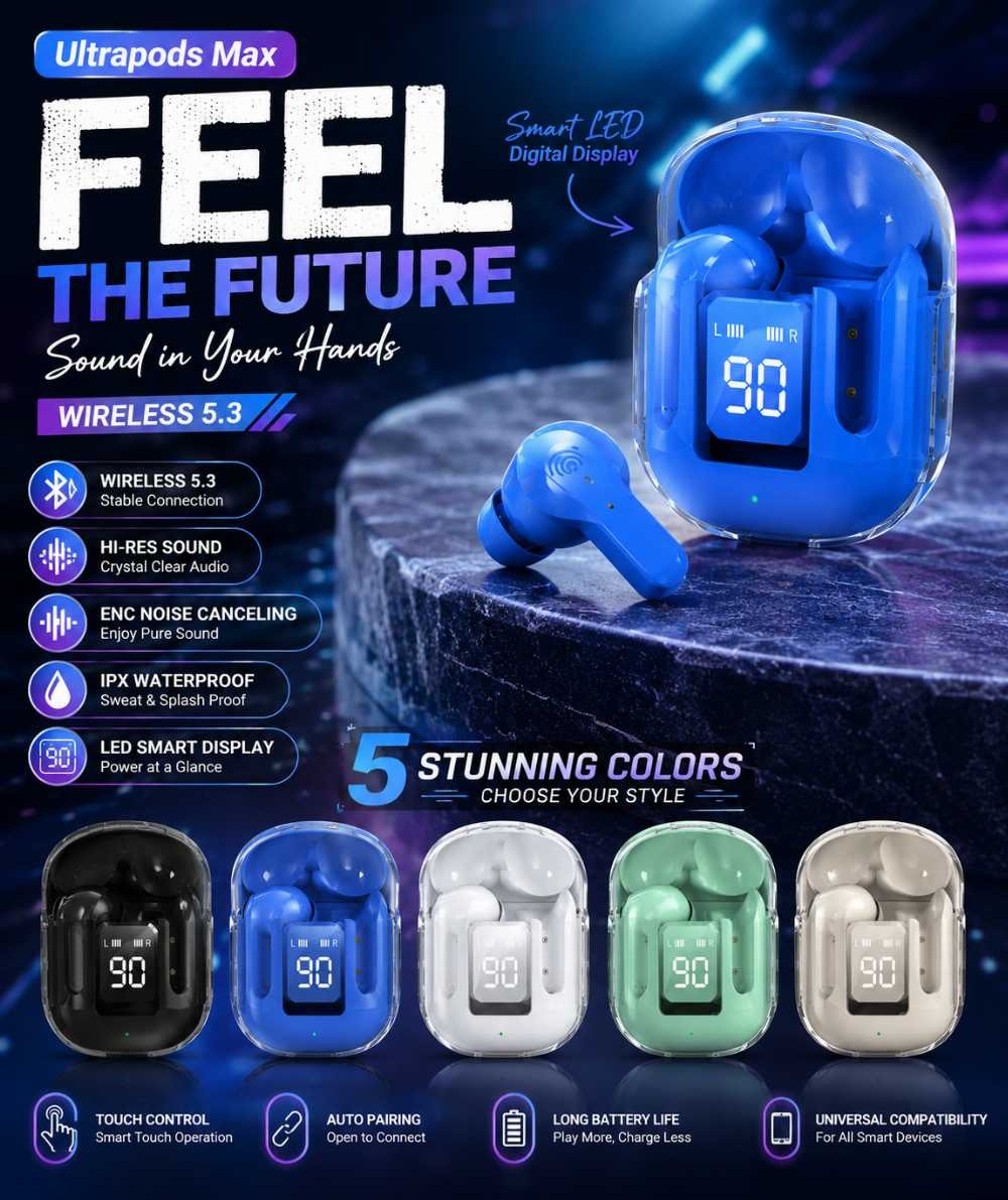 Ultrapods Max Bluetooth 5.3 Wireless Earbuds with LED Display