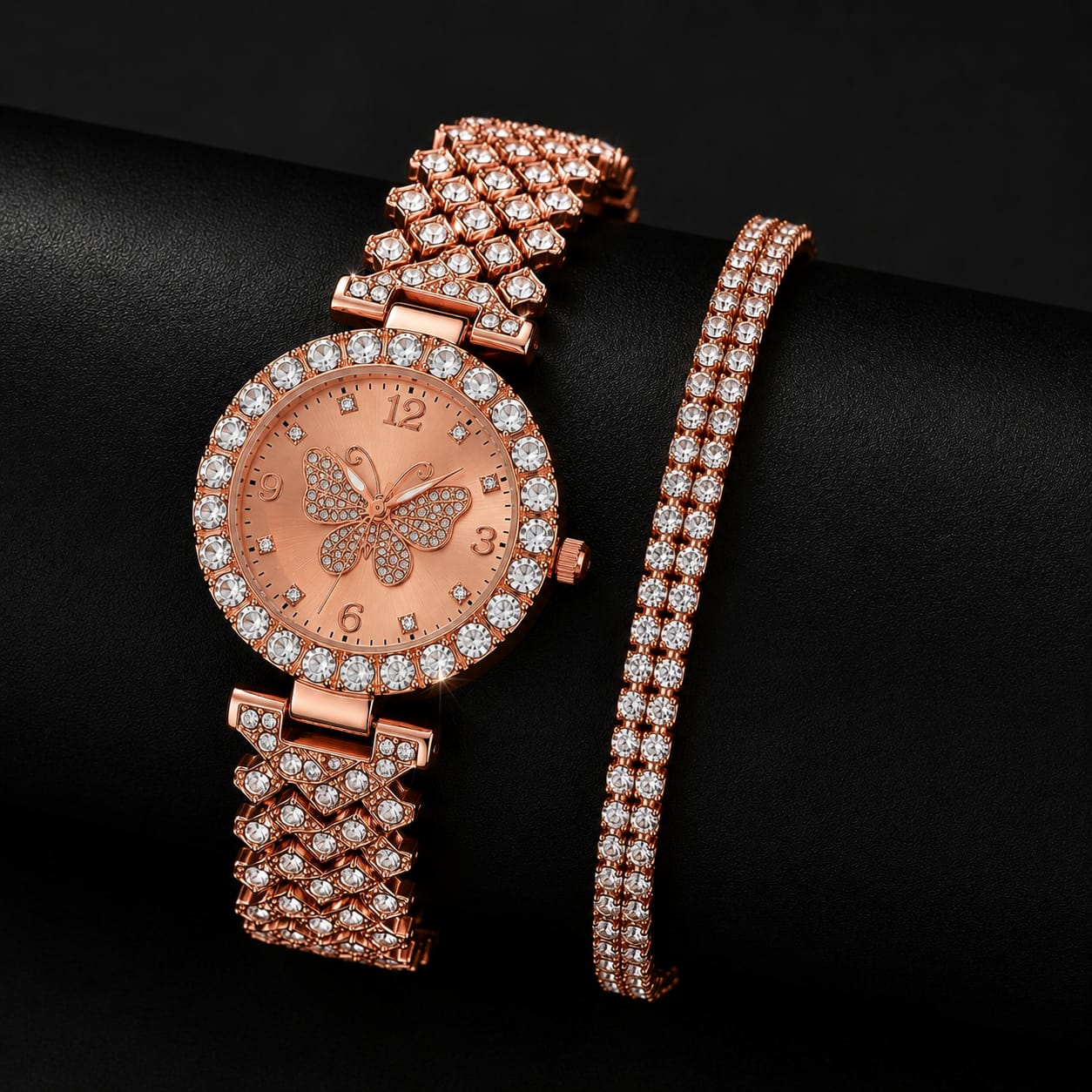 Women's Butterfly Decorative Dial Quartz Watch with 2-Layer Bracelet Set