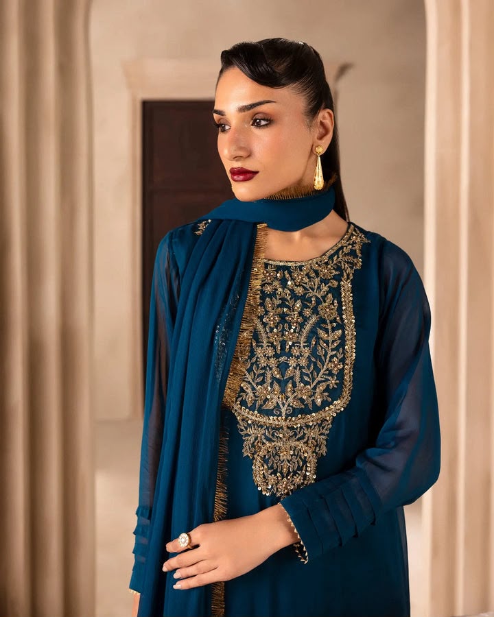 WOMEN’S EMBROIDERED CHIFFON A-LINE 3 PIECE SUIT